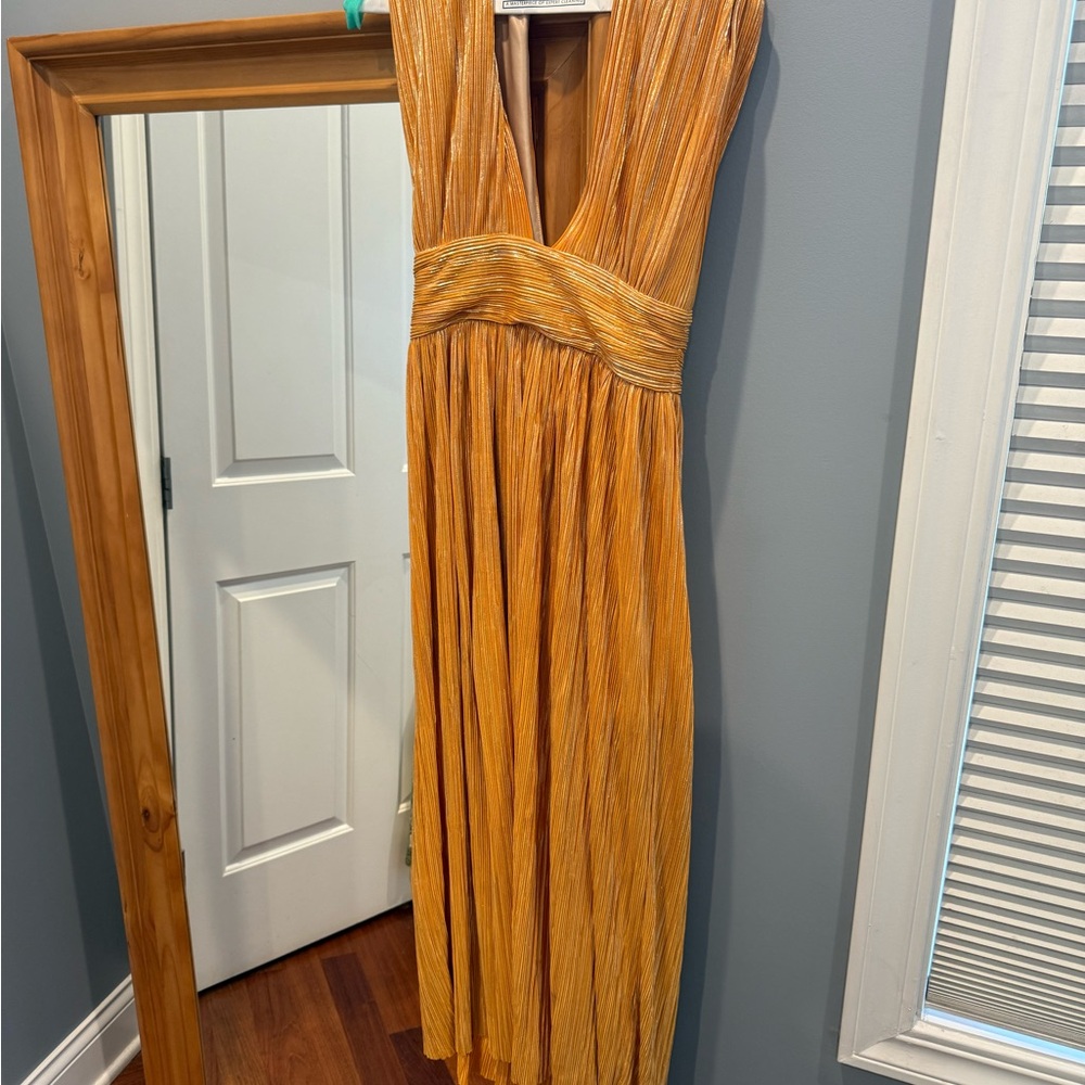 Sabina Musayev Gold Pleated Midi Dress